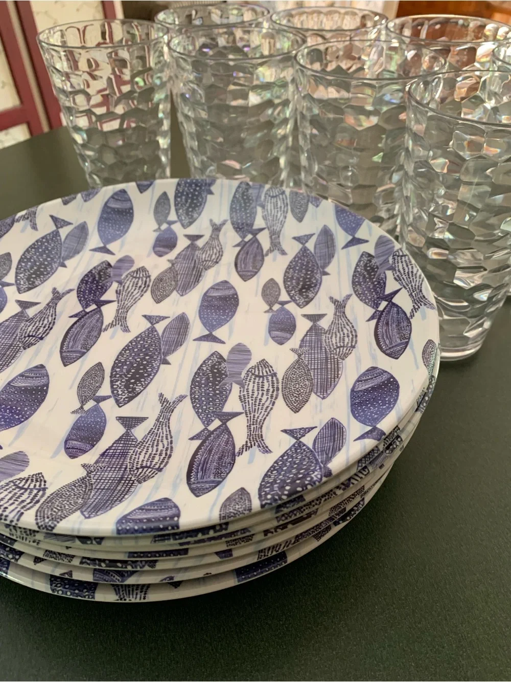 Blue Fish Pattern Melamine Dinner Plates - Set of 8